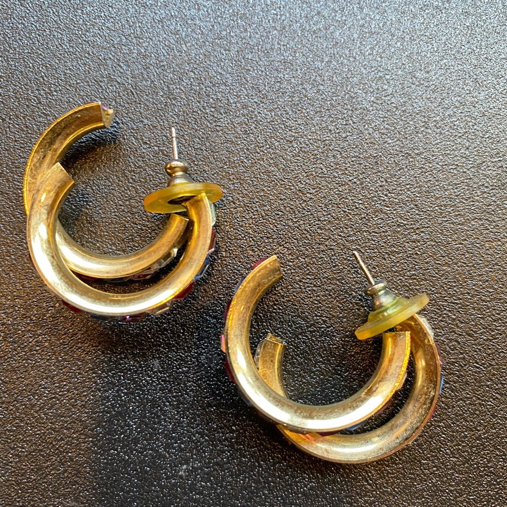 Earrings: 1970s double hoop multi-colored stones.